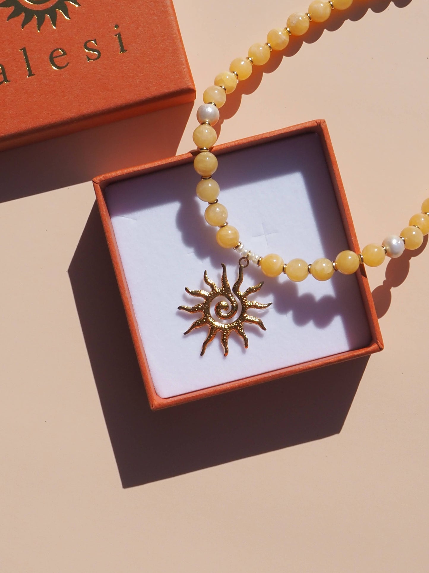 Spiral Sun Lemon Yellow Beaded Gemstone Necklace: (Gold) 18K Gold over Stainless Steel
