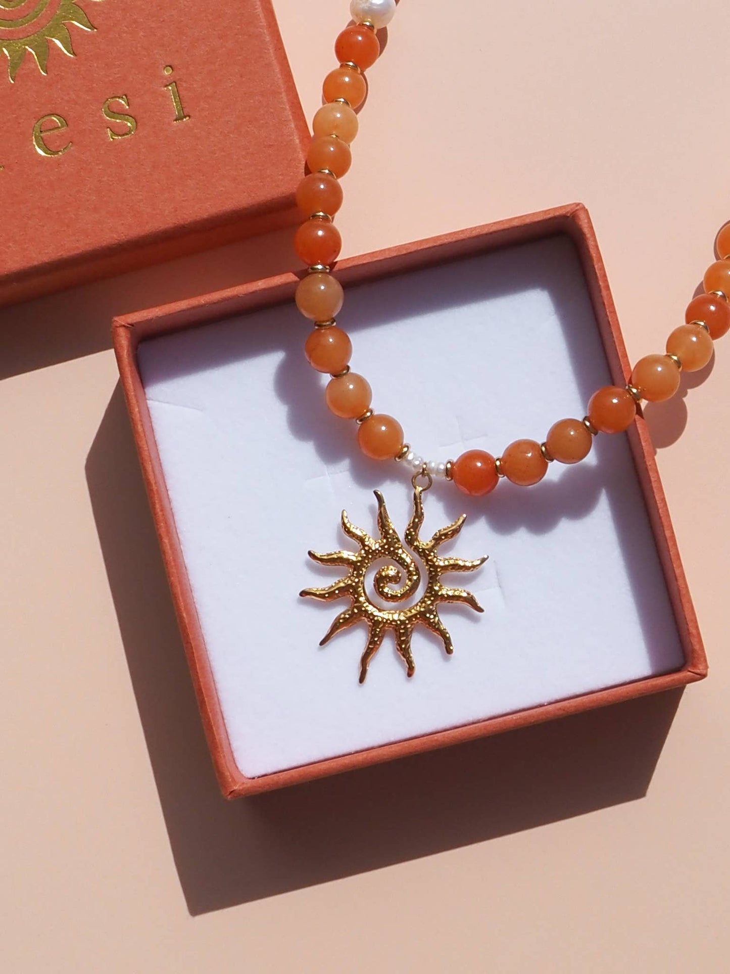 Sun Beaded Necklace Red Aventurine with Freshwater Pearls : 16" / (Gold) 18K Gold over Stainless Steel
