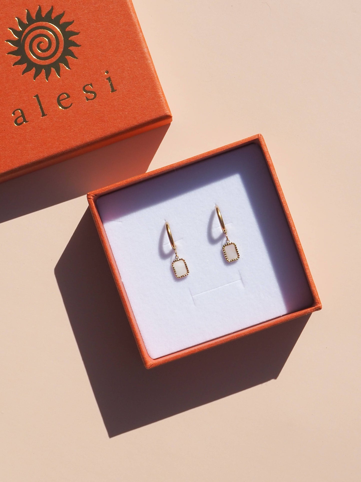 Mother of Pearl Rectangle Pendant Earrings 18K Gold
