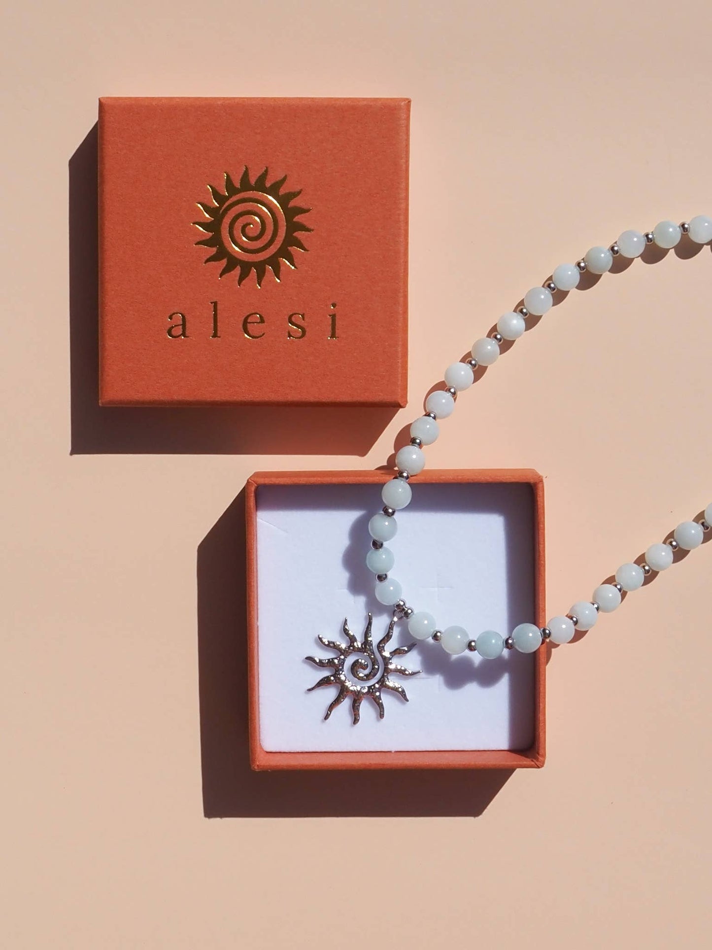 Spiral Sun Blue Beaded Gemstone Necklace : (Gold) 18K Gold over Stainless Steel / 18"