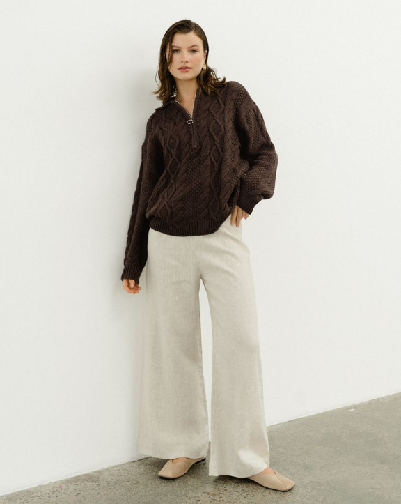 Cable Knit Half Zip Jumper - Chocolate