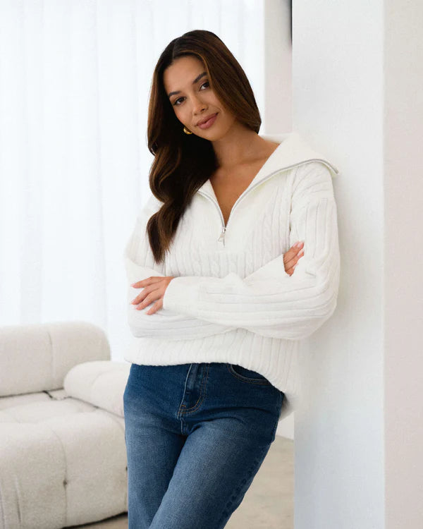Half Zip Cable Jumper - Ivory