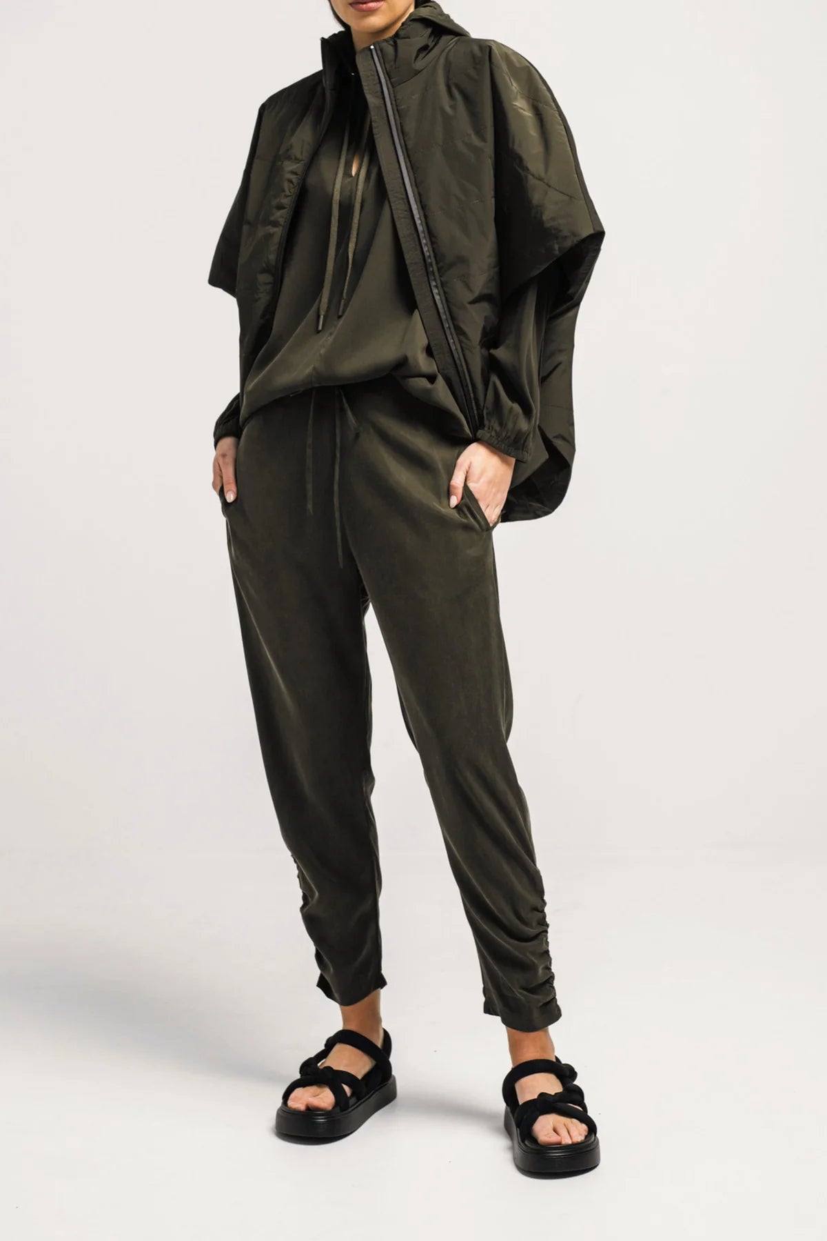 Luxe Cupro Stretch Hooded Long Sleeve Top Ducru Olive