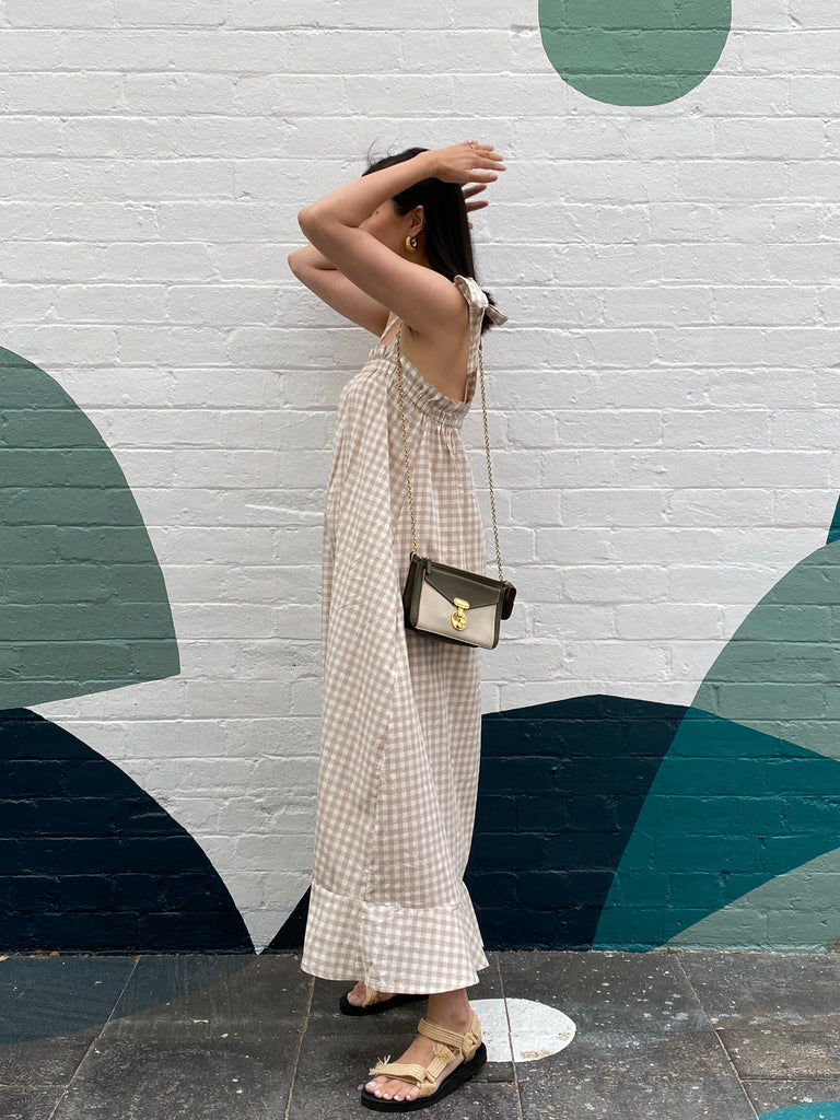Nadia Gingham Maxi Dress- Beige
