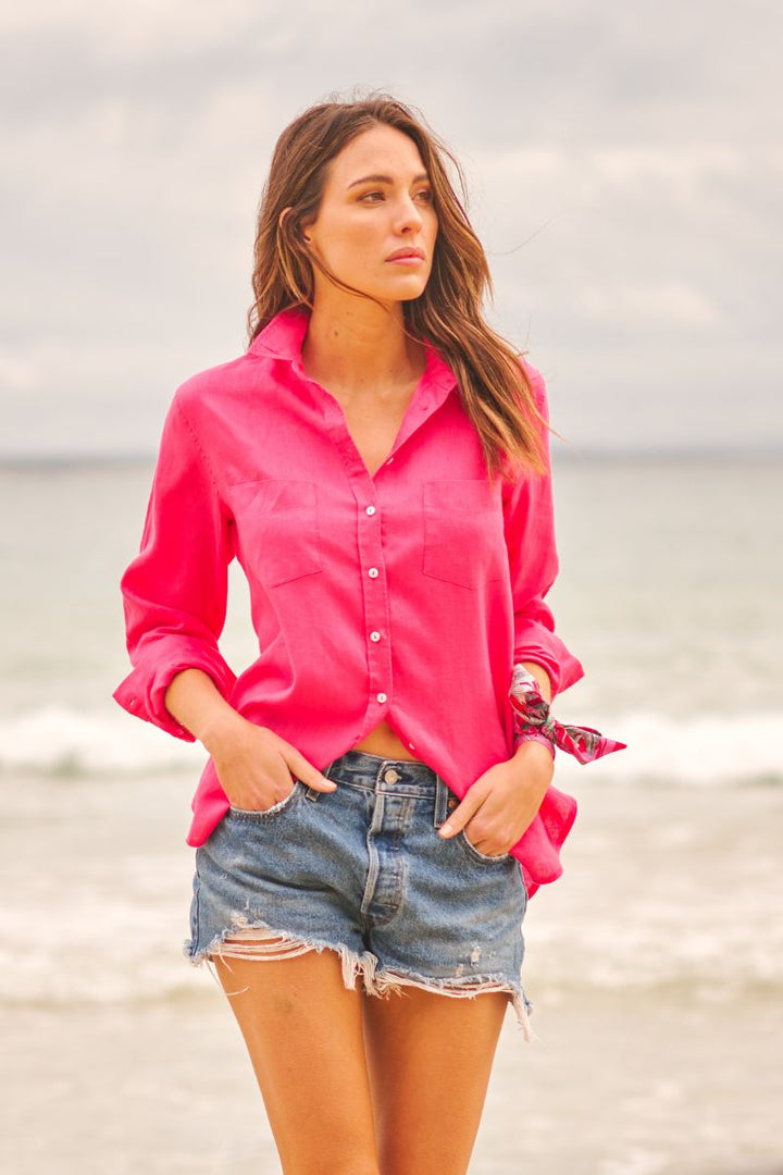 The Girlfriend Linen Shirt - Raspberry