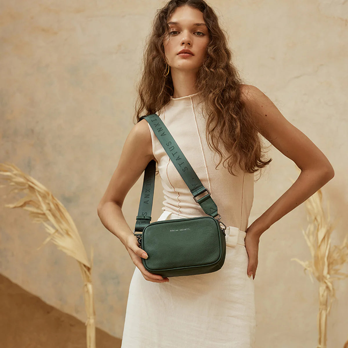 Plunder Leather Bag Webbed Strap - Green