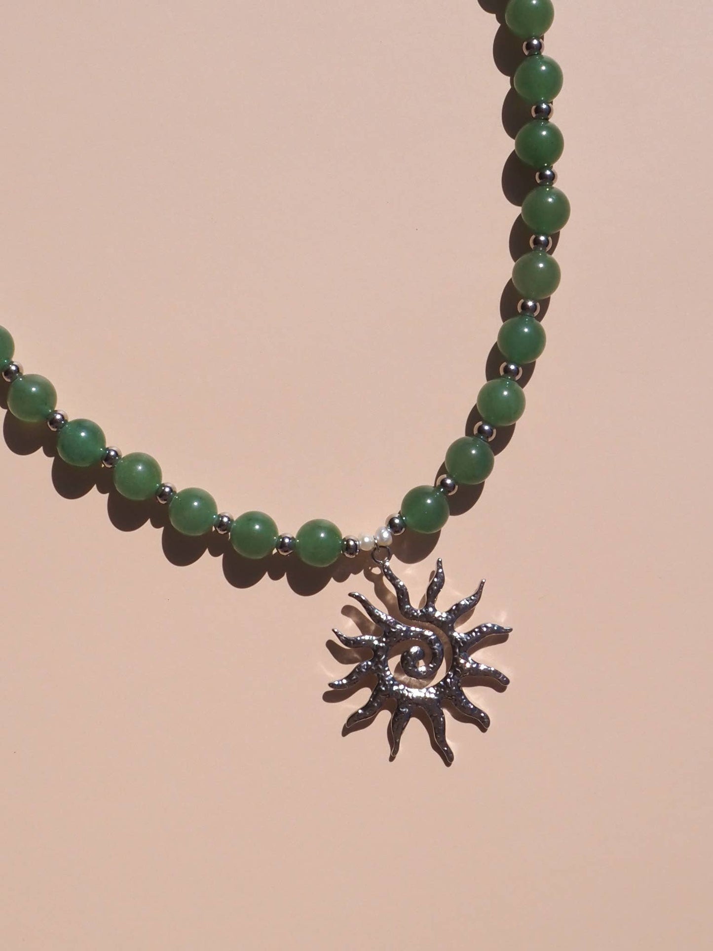 Spiral Sun Green Aventurine Natural Gemstone Beaded Necklace: 16" / (Silver) Stainless Steel