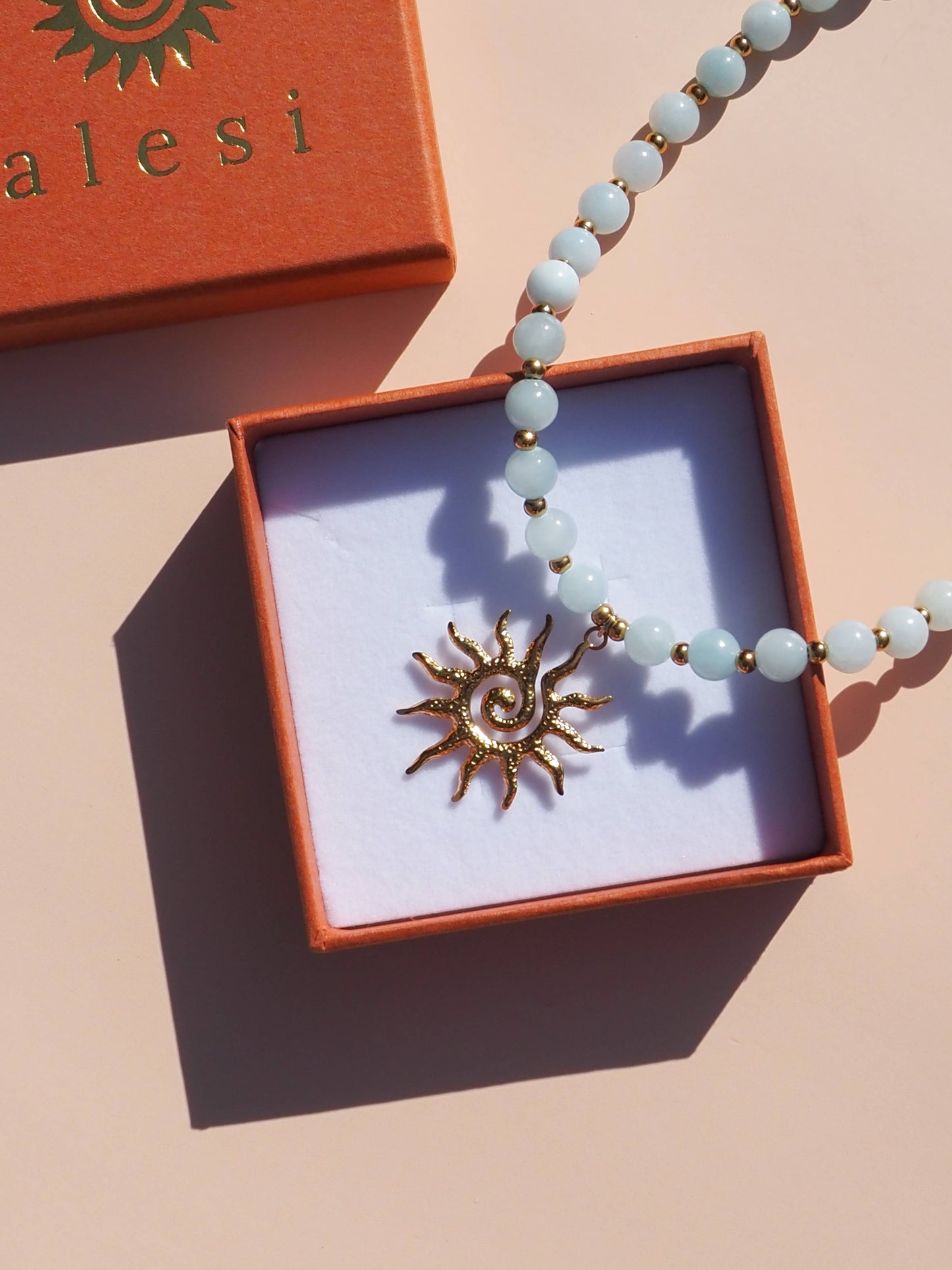 Spiral Sun Blue Beaded Gemstone Necklace : (Gold) 18K Gold over Stainless Steel / 18"
