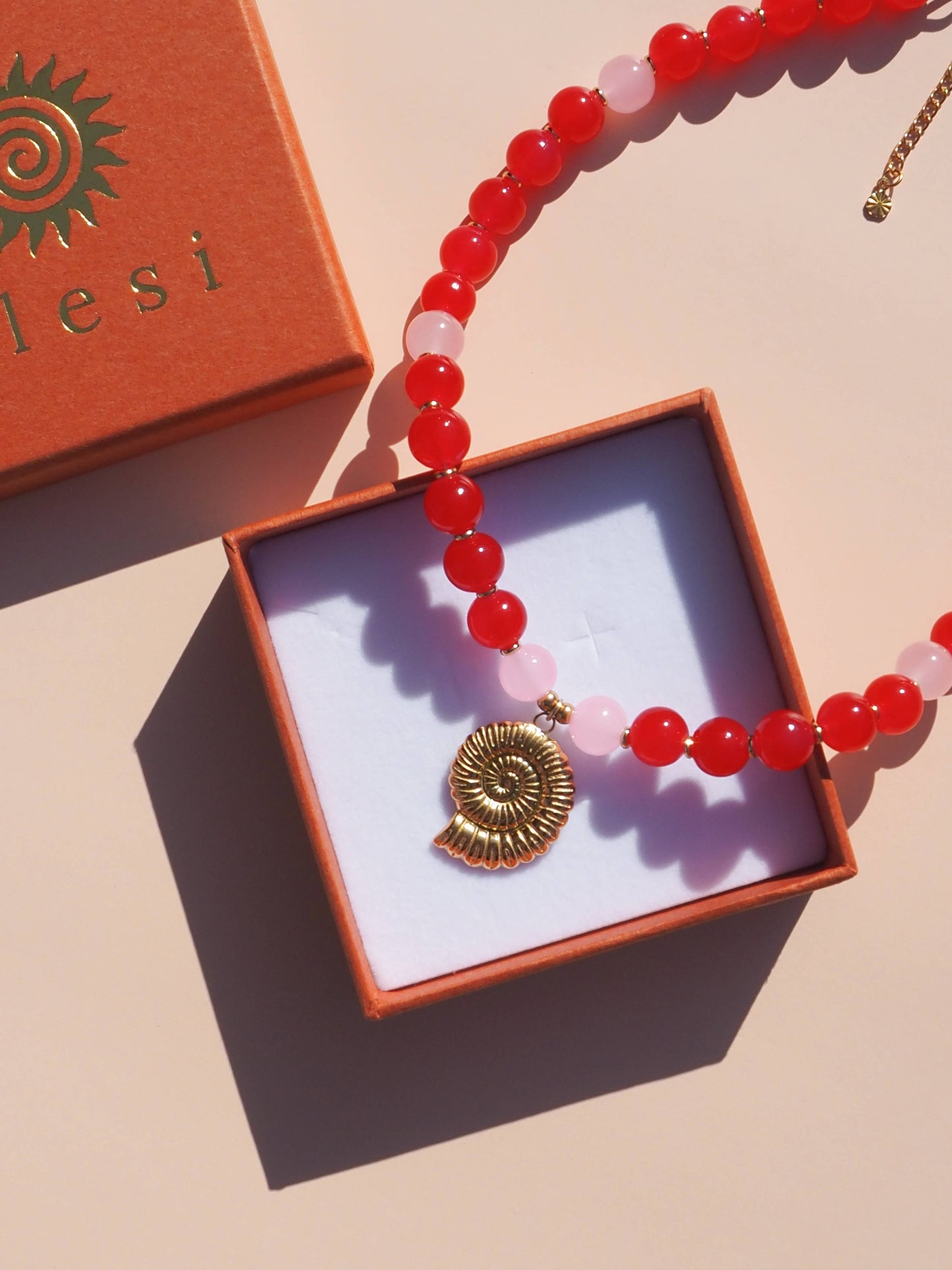 Spiral Shell Red & Pink Beaded Necklace : Yellow Gold / 16"