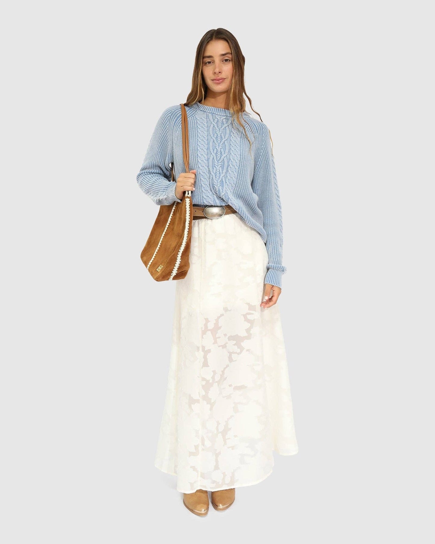 Hudson Street Cable Garment Dyed Sweater - Light Blue: XS
