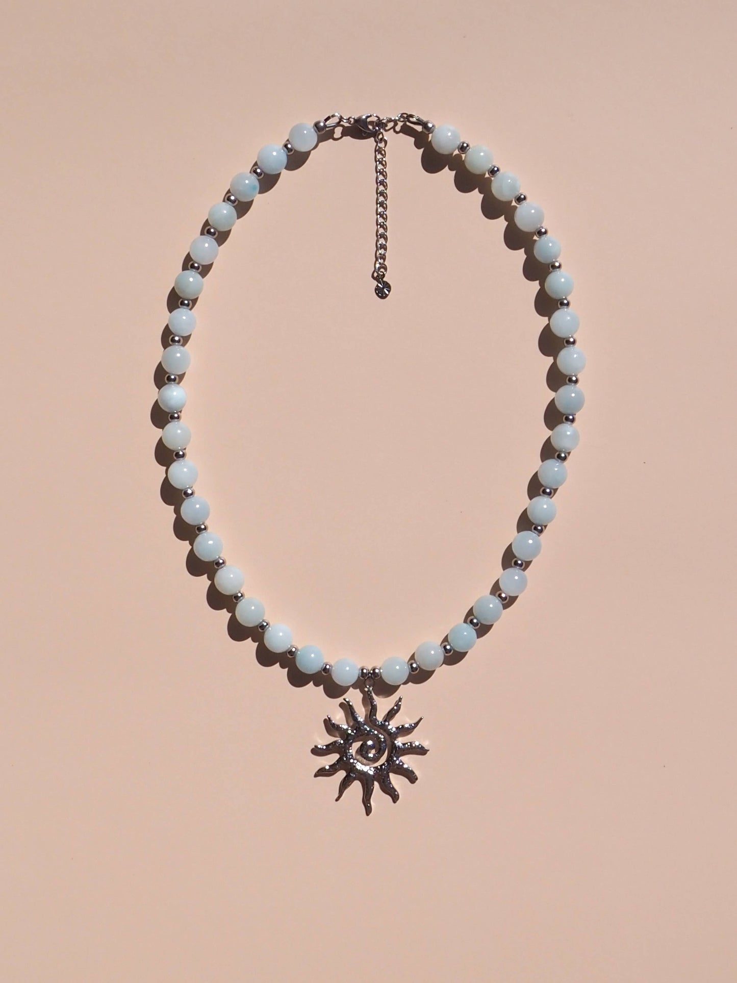 Spiral Sun Blue Beaded Gemstone Necklace : (Gold) 18K Gold over Stainless Steel / 18"