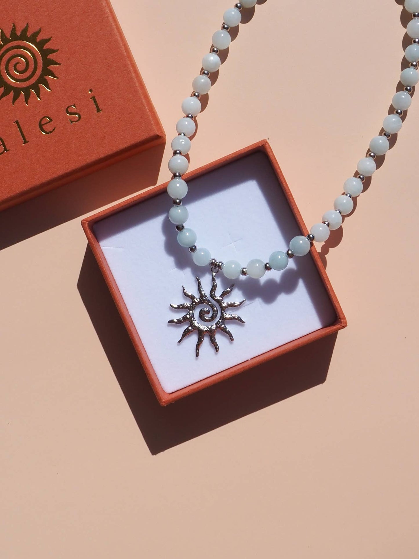 Spiral Sun Blue Beaded Gemstone Necklace : (Gold) 18K Gold over Stainless Steel / 18"