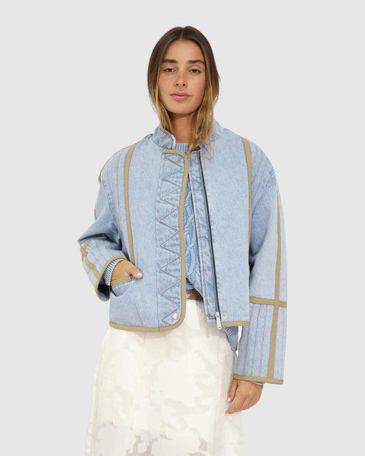 Free And Forward Quilted Denim Jacket - Light Denim Wash: XS