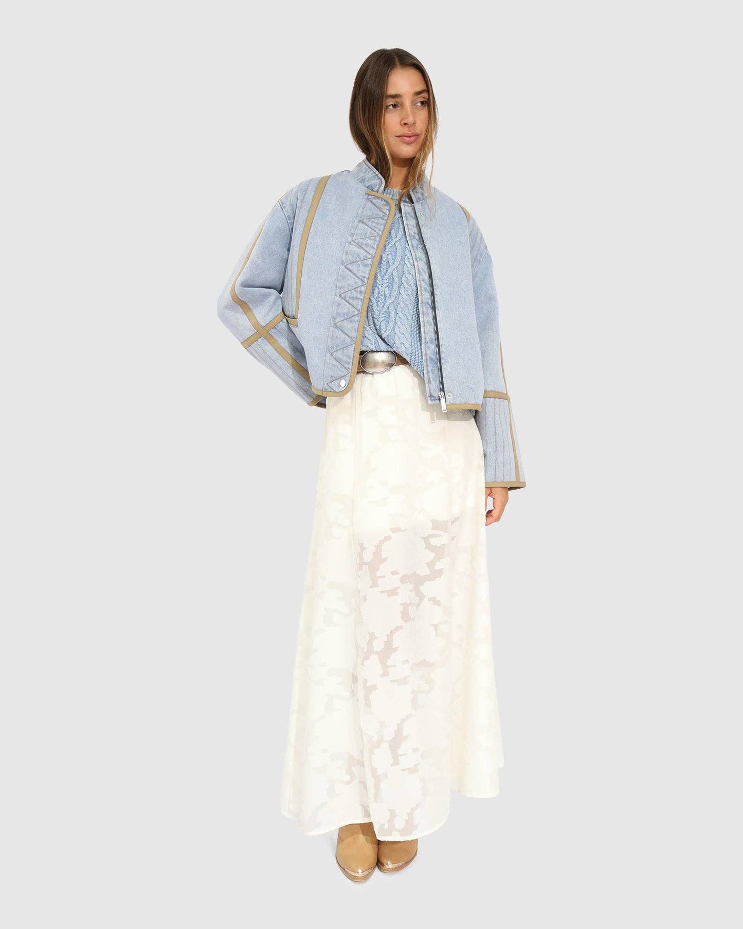 Free And Forward Quilted Denim Jacket - Light Denim Wash: XS