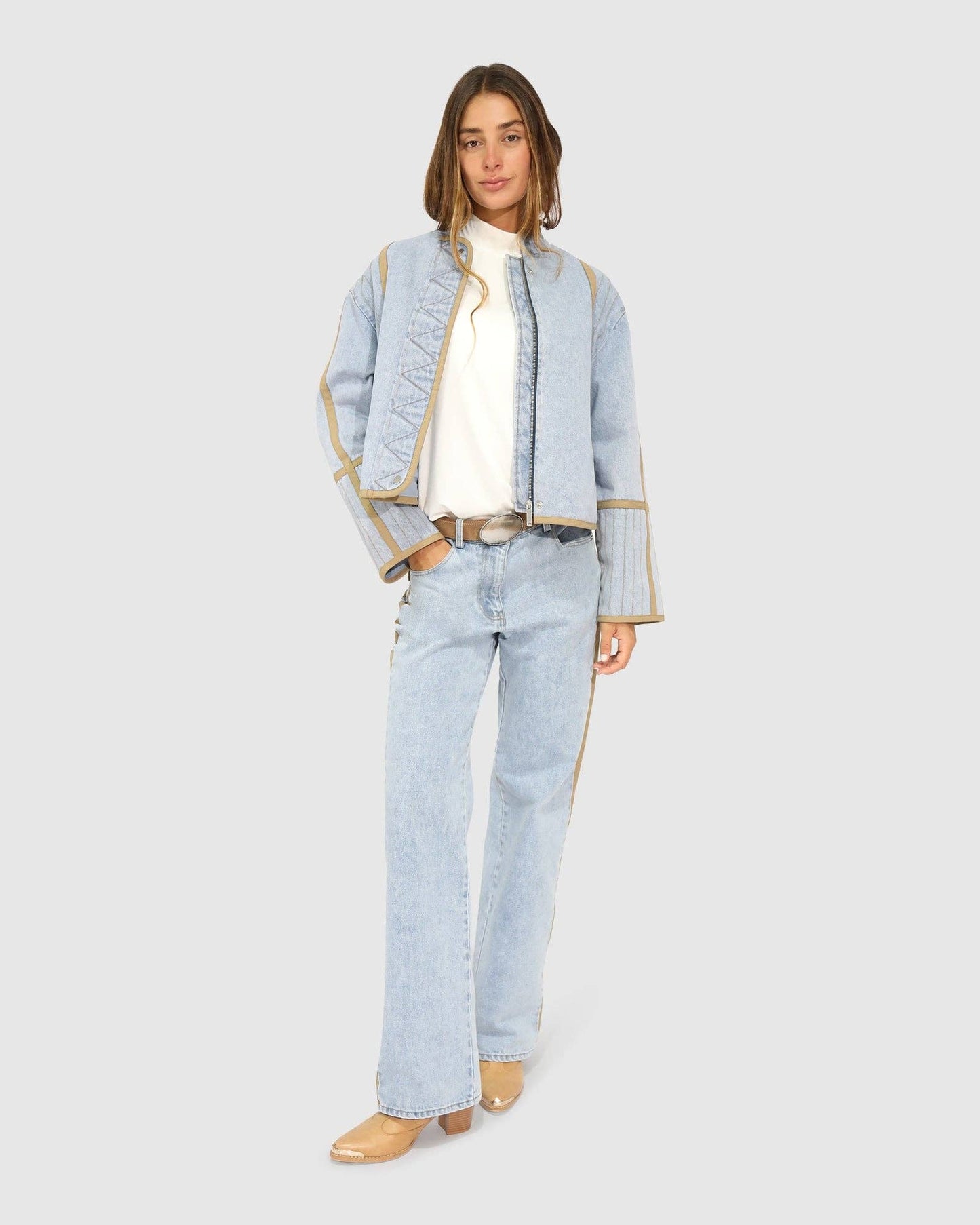 Free And Forward Quilted Denim Jacket - Light Denim Wash: XS
