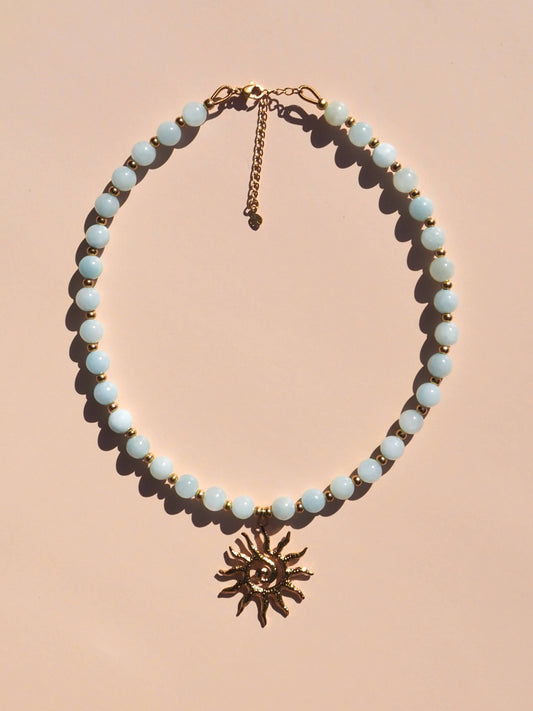 Spiral Sun Blue Beaded Gemstone Necklace : (Gold) 18K Gold over Stainless Steel / 18"