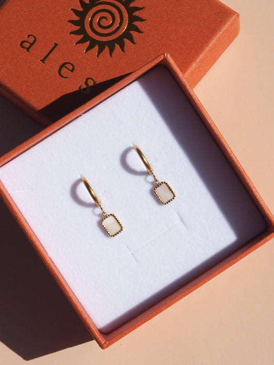 Mother of Pearl Rectangle Pendant Earrings 18K Gold