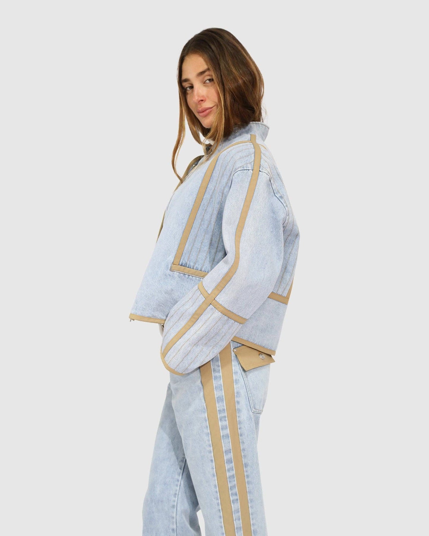 Free And Forward Quilted Denim Jacket - Light Denim Wash: XS