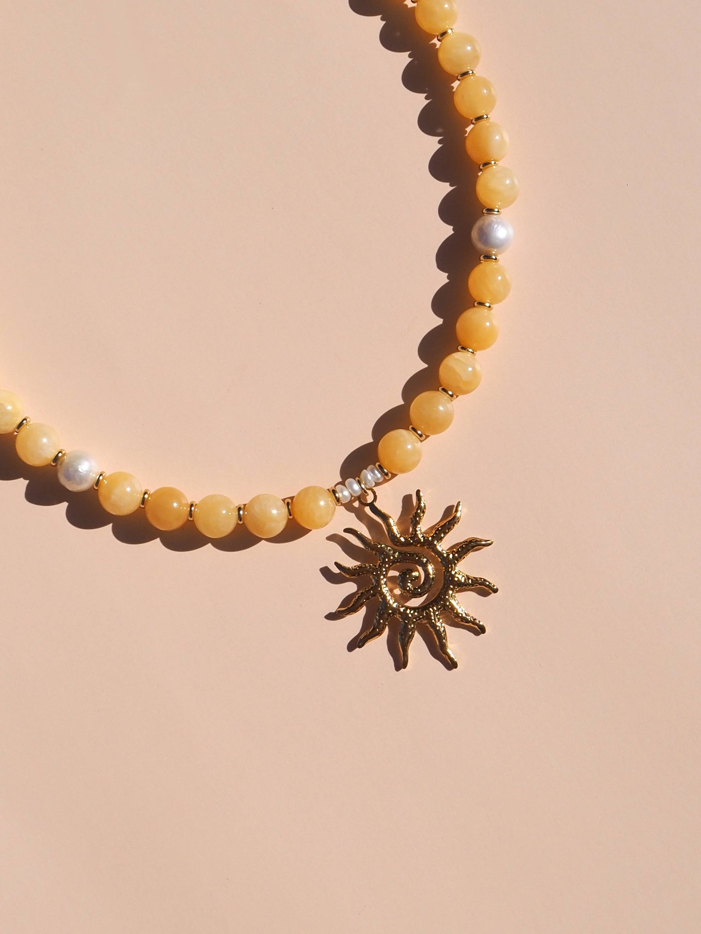 Spiral Sun Lemon Yellow Beaded Gemstone Necklace: (Gold) 18K Gold over Stainless Steel