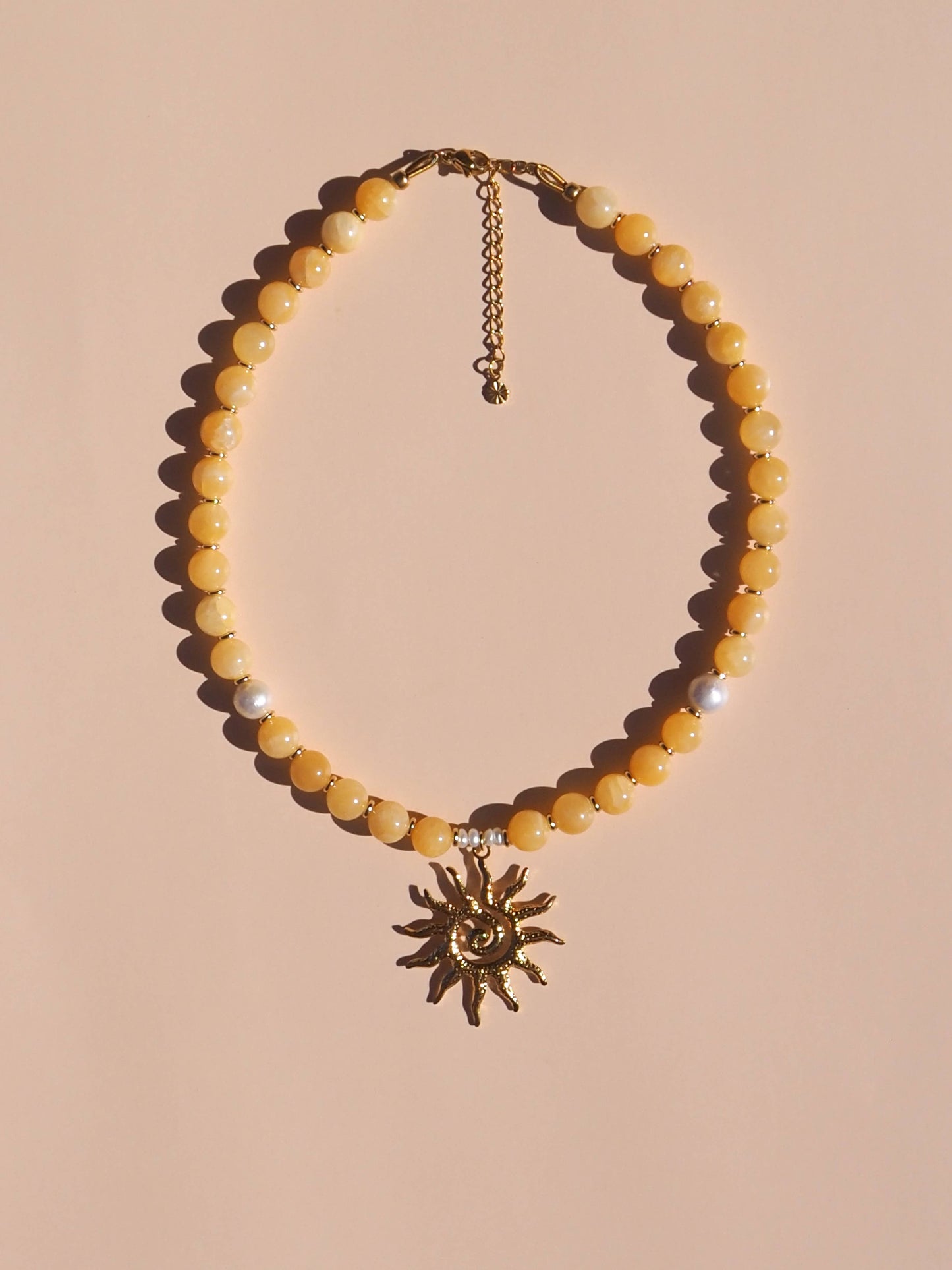 Spiral Sun Lemon Yellow Beaded Gemstone Necklace: (Gold) 18K Gold over Stainless Steel