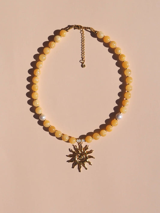 Spiral Sun Lemon Yellow Beaded Gemstone Necklace: (Gold) 18K Gold over Stainless Steel