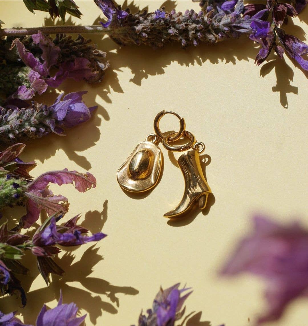 18k Gold Plated Cowboy Boot & Hat Huggie Earrings