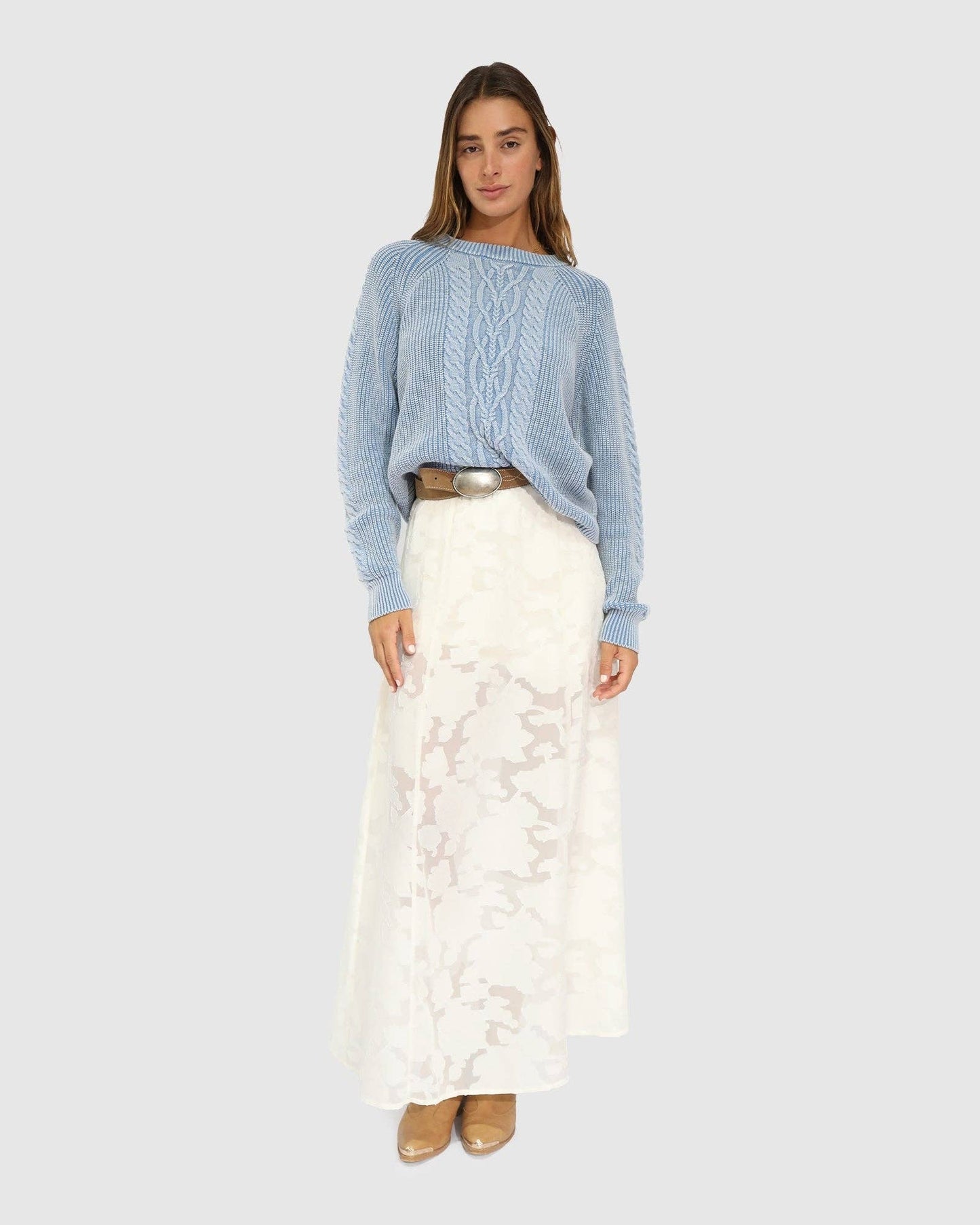 Hudson Street Cable Garment Dyed Sweater - Light Blue: XS