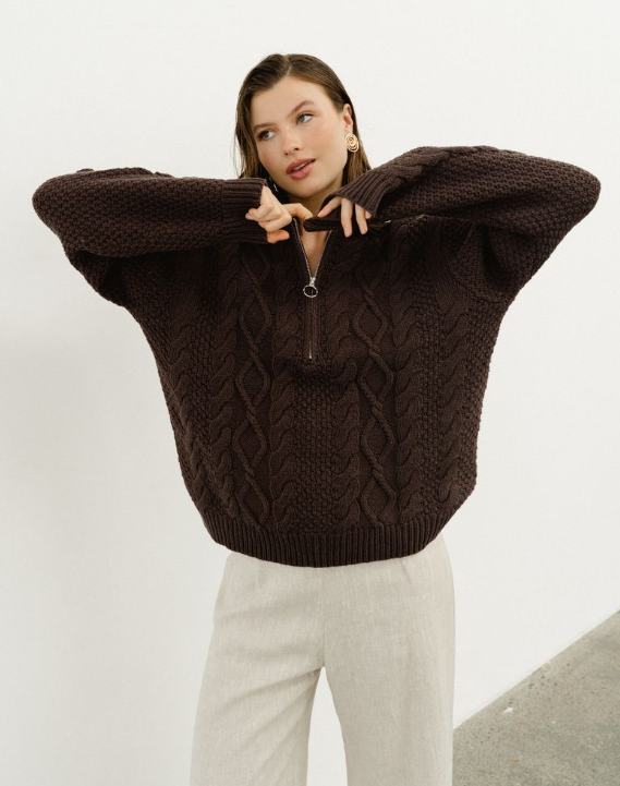 Cable Knit Half Zip Jumper - Chocolate