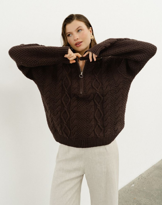Cable Knit Half Zip Jumper - Chocolate