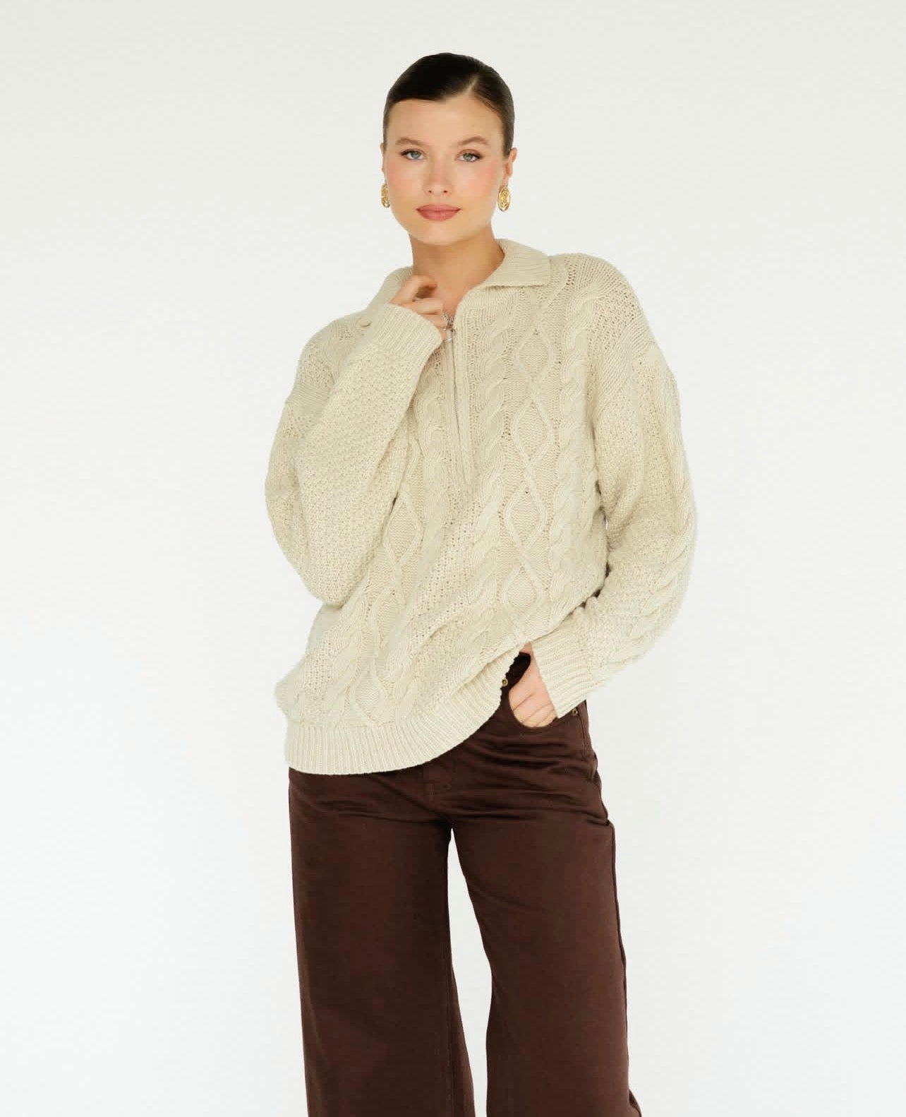 Cable Knit Half Zip Jumper - Cream
