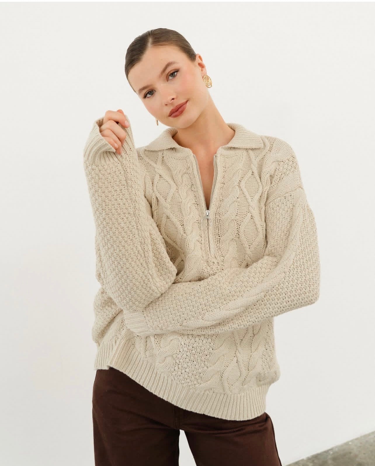 Cable Knit Half Zip Jumper - Cream