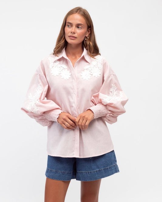 Daisy Embroidered Shirt - Pink Stripe