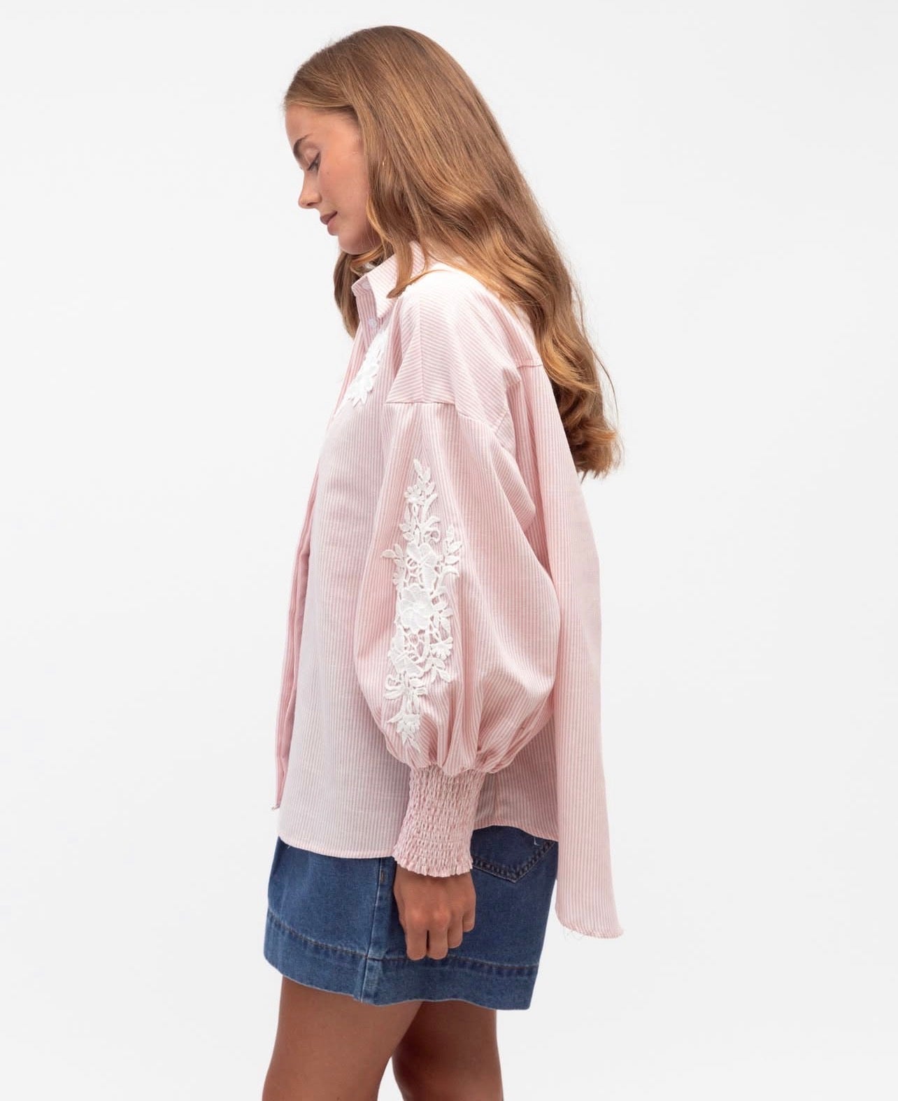 Daisy Embroidered Shirt - Pink Stripe