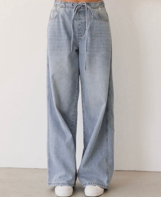 Tie Waist Denim Pant - Light Wash Cotton