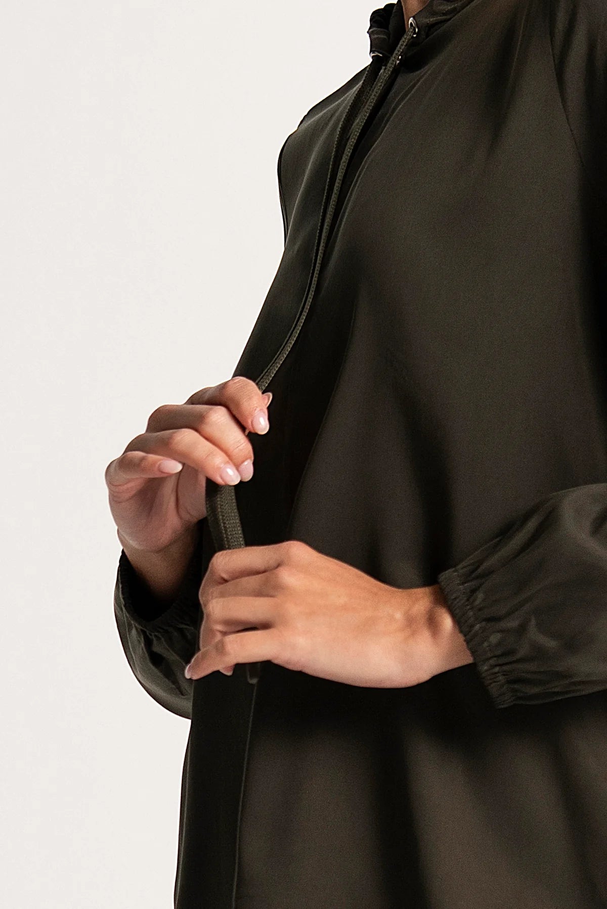 Luxe Cupro Stretch Hooded Long Sleeve Top Ducru Olive