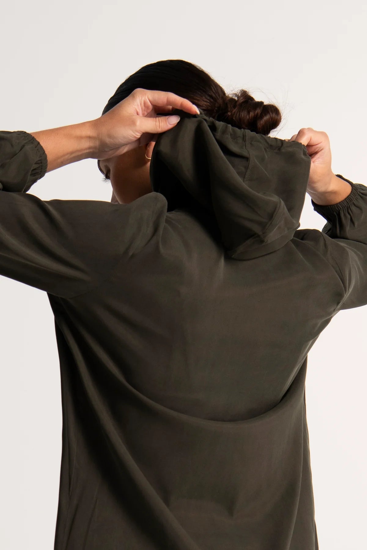 Luxe Cupro Stretch Hooded Long Sleeve Top Ducru Olive