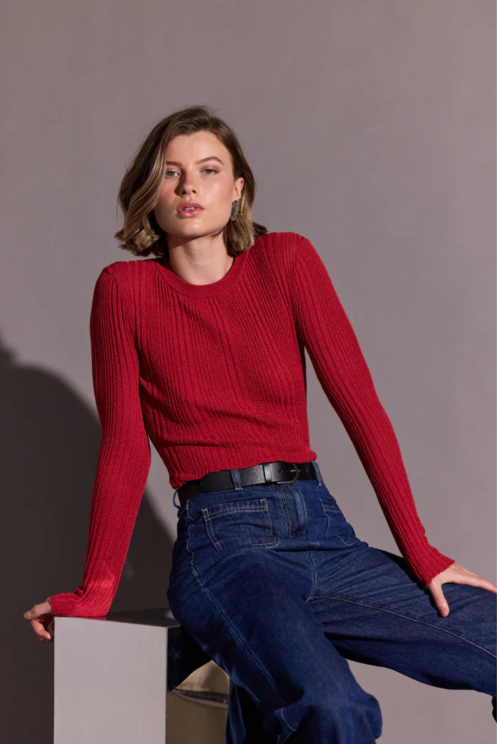 Luna Ribbed Knit Top - Red