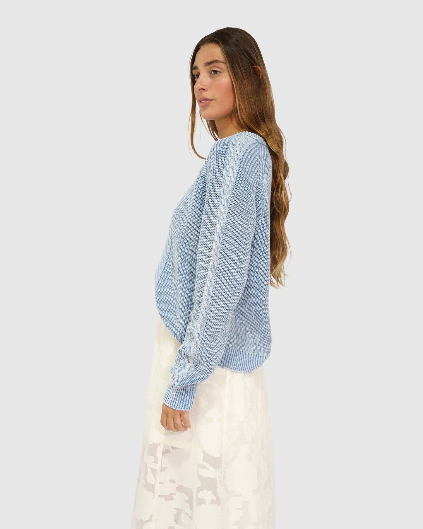 Hudson Street Cable Garment Dyed Sweater - Light Blue: XS