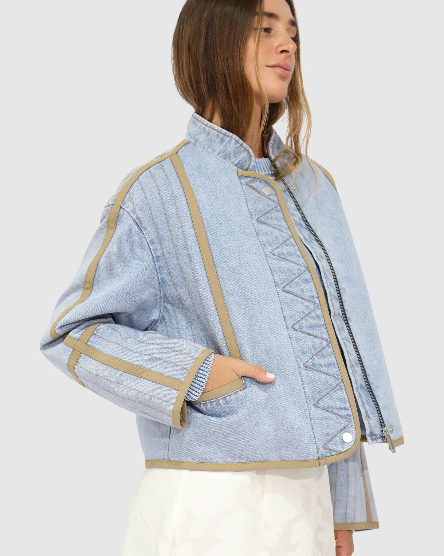 Free And Forward Quilted Denim Jacket - Light Denim Wash: XS
