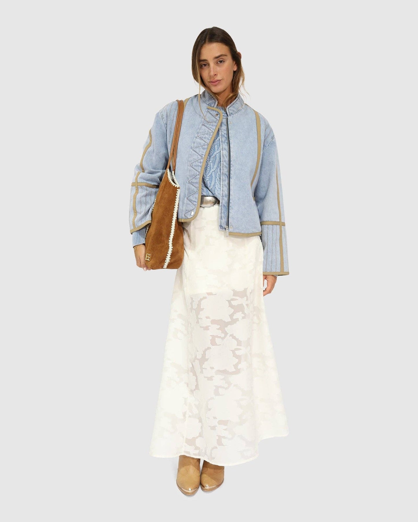 Free And Forward Quilted Denim Jacket - Light Denim Wash: XS
