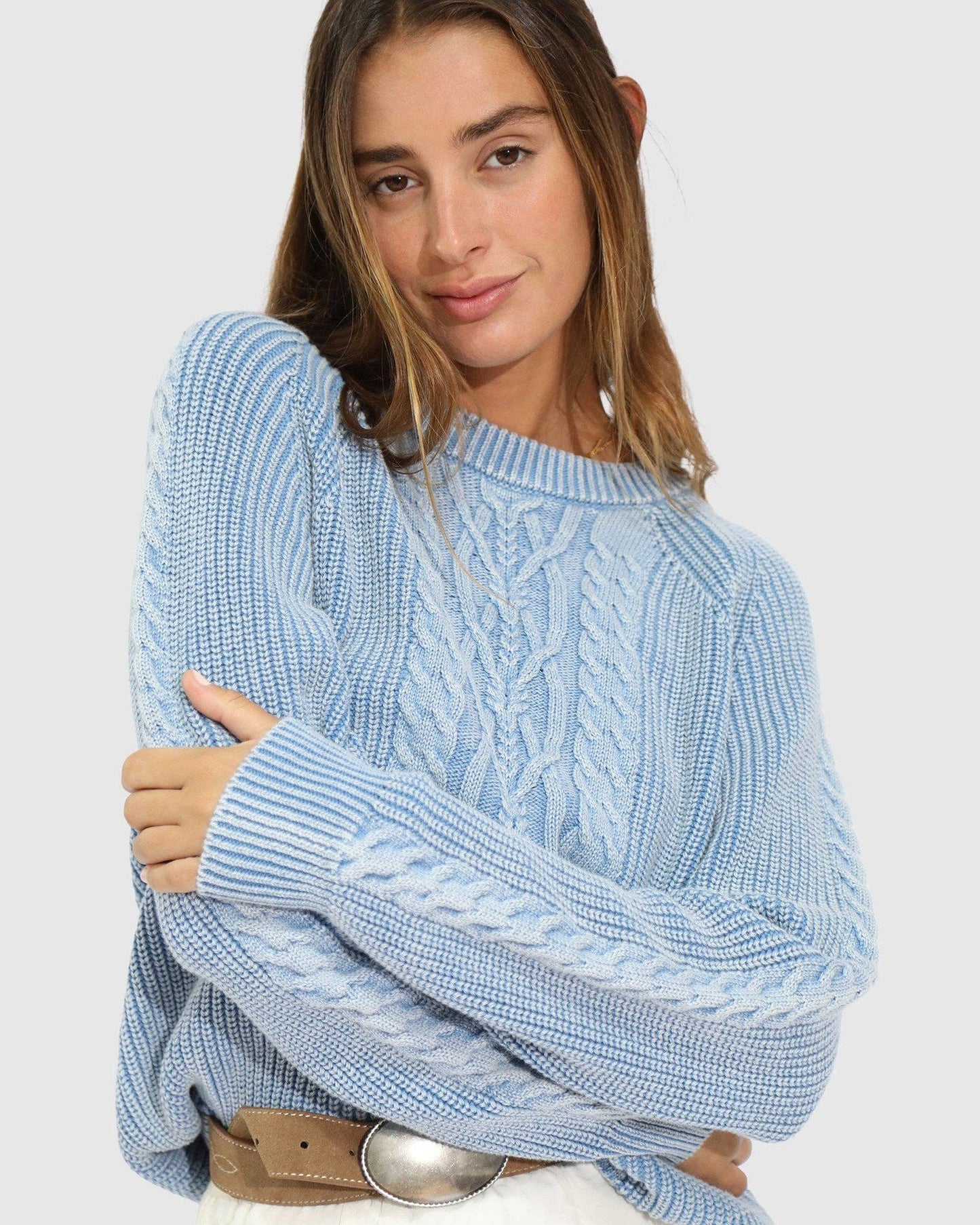 Hudson Street Cable Garment Dyed Sweater - Light Blue: XS
