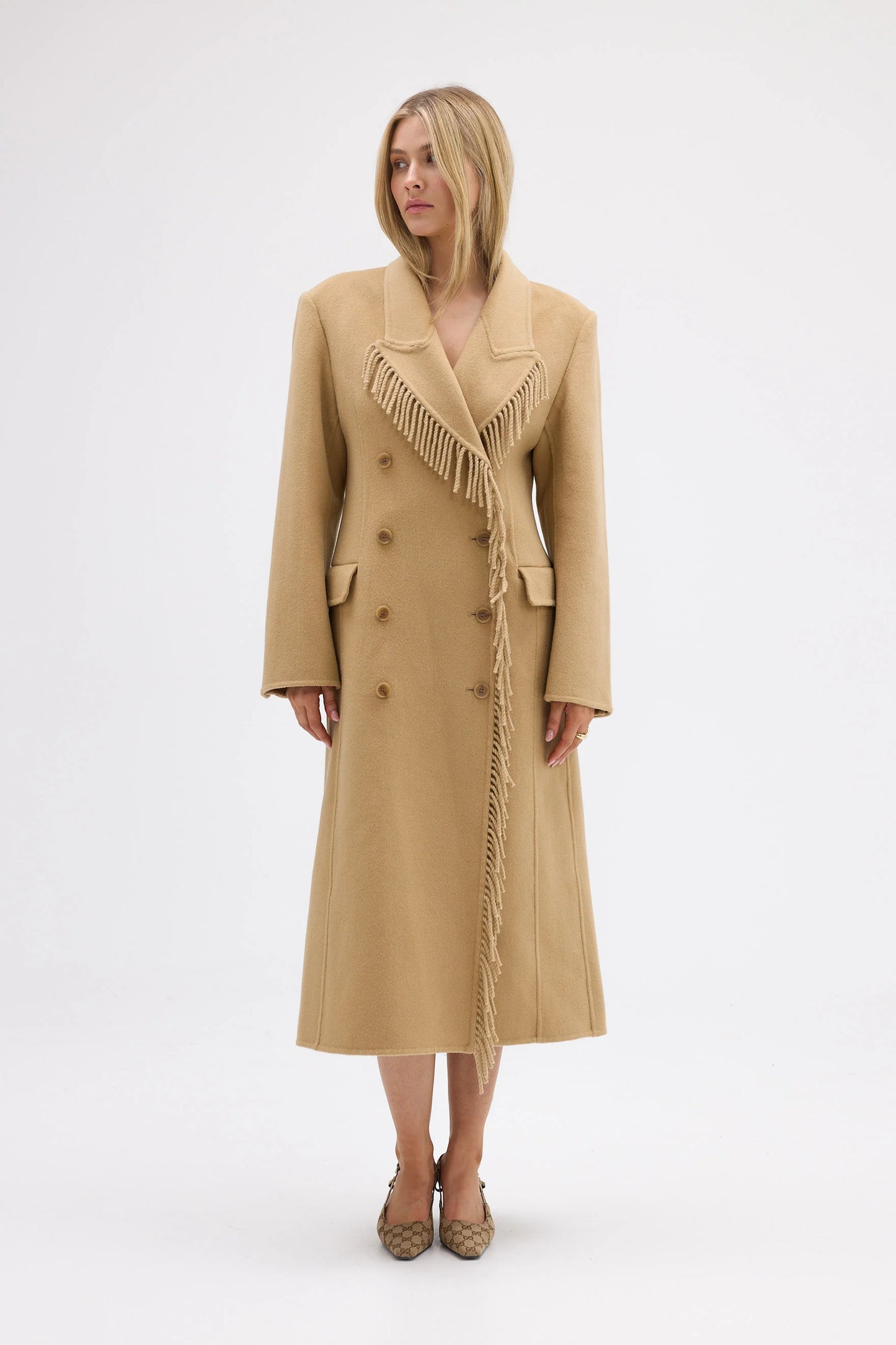 Kate Fringe Wool Coat - Walnut