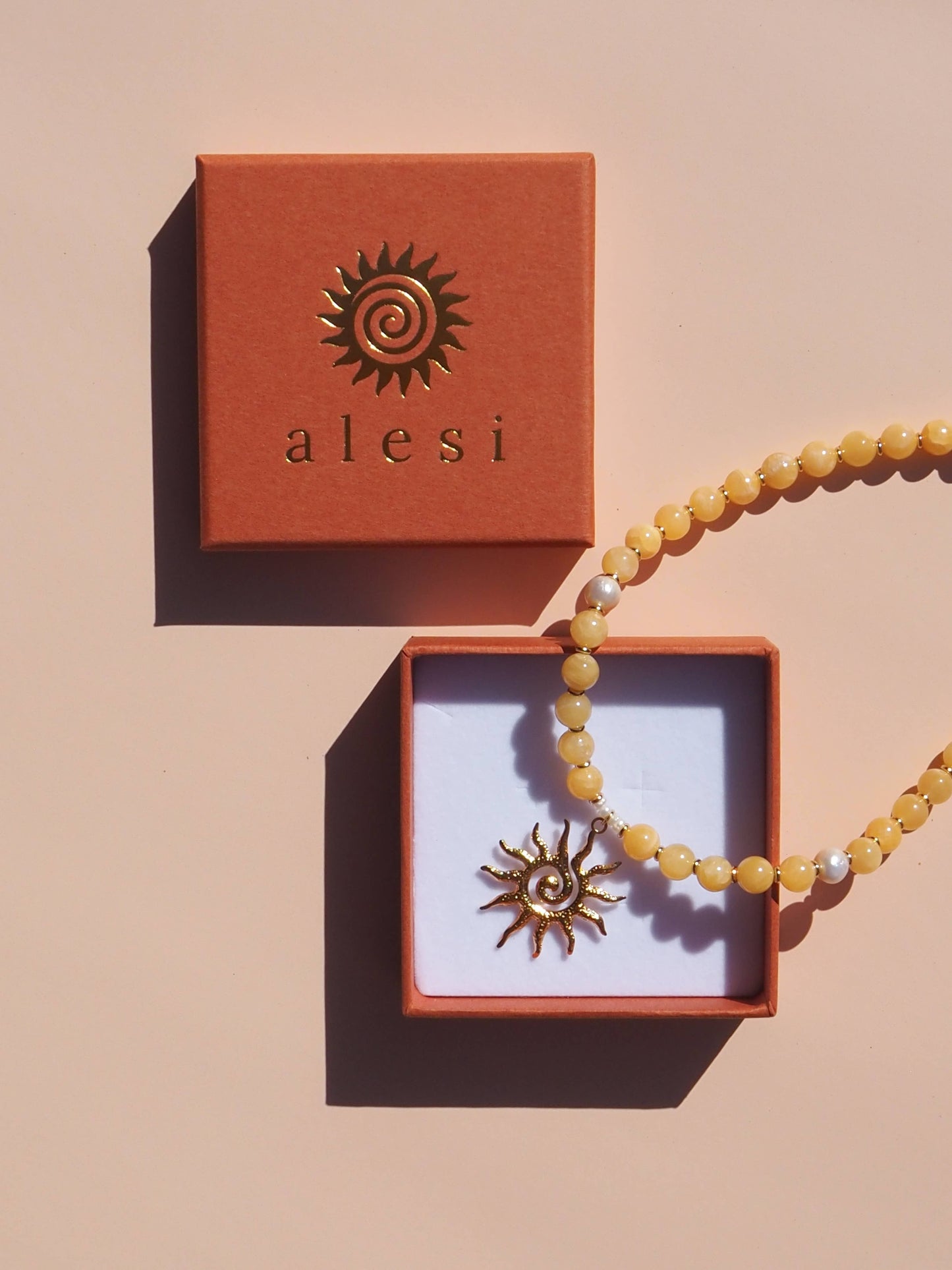 Spiral Sun Lemon Yellow Beaded Gemstone Necklace: (Gold) 18K Gold over Stainless Steel