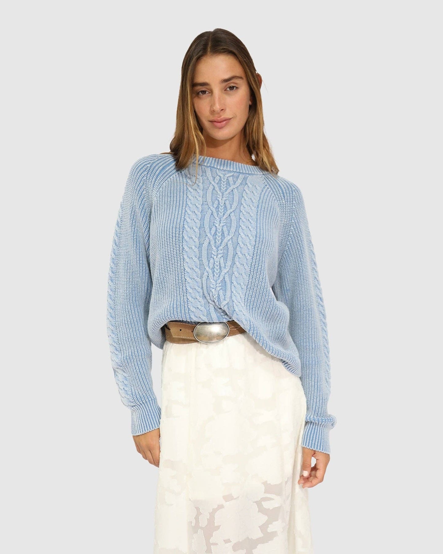 Hudson Street Cable Garment Dyed Sweater - Light Blue: XS