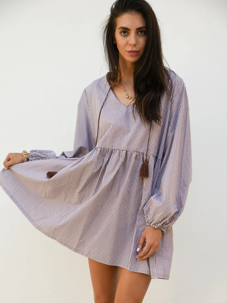 Blair Babydoll Tunic Dress -Cocoa Gingham