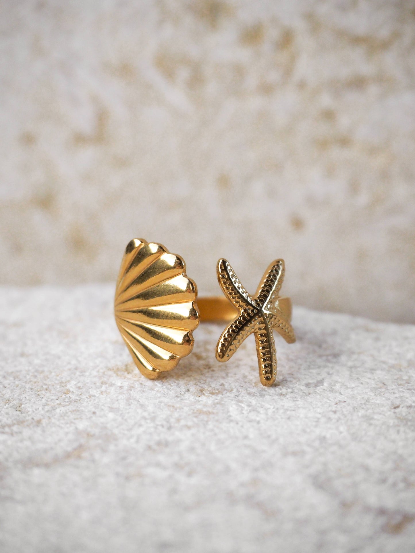 18K Gold Starfish Seashell Ring Adjustable: (Gold) 18K Gold over Surgical Steel