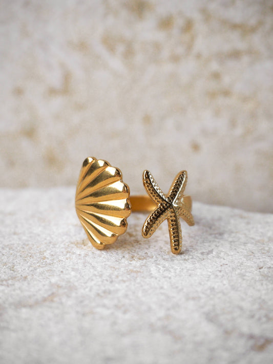 18K Gold Starfish Seashell Ring Adjustable: (Silver) Surgical Steel