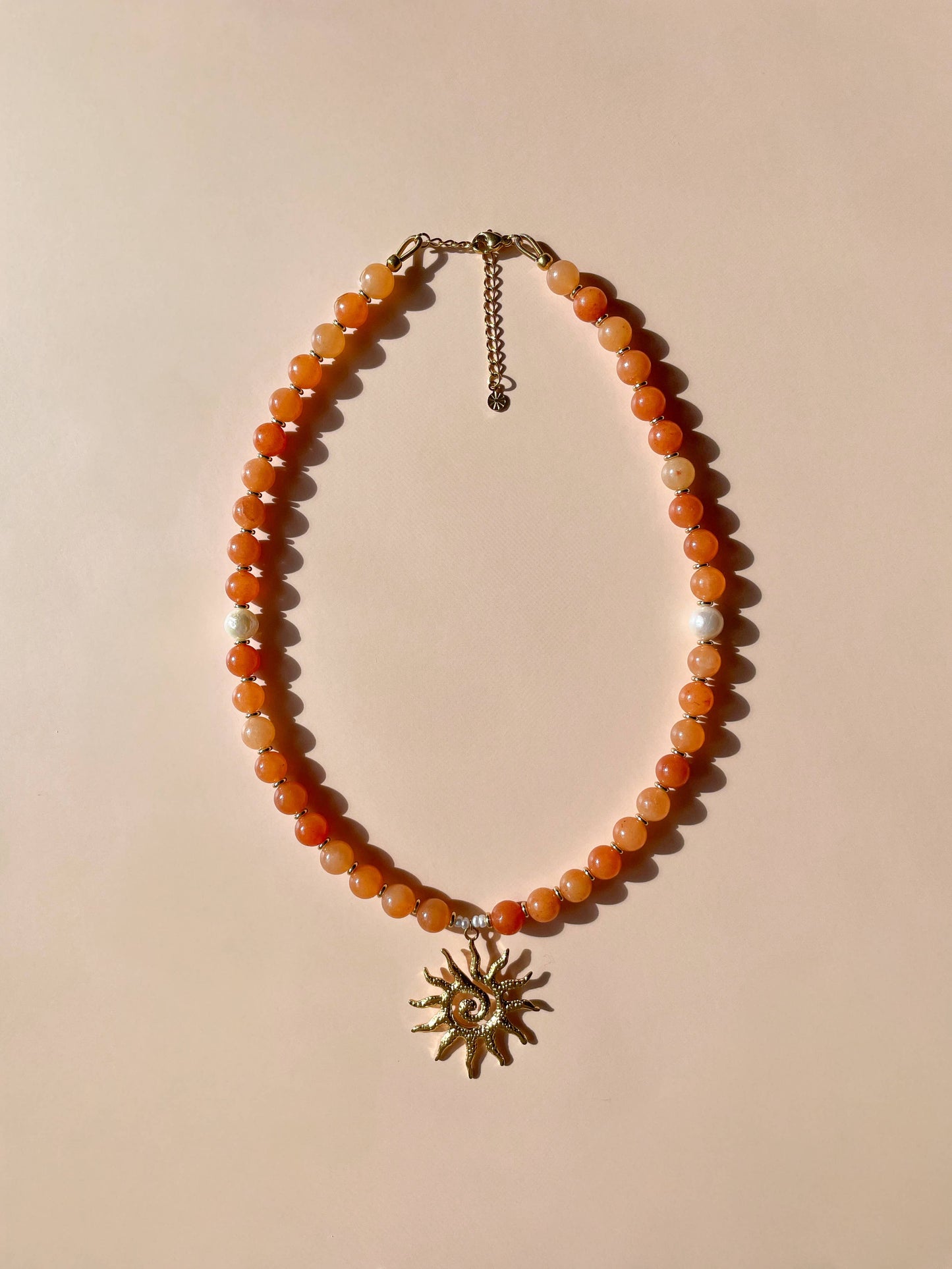 Sun Beaded Necklace Red Aventurine with Freshwater Pearls : 16" / (Gold) 18K Gold over Stainless Steel