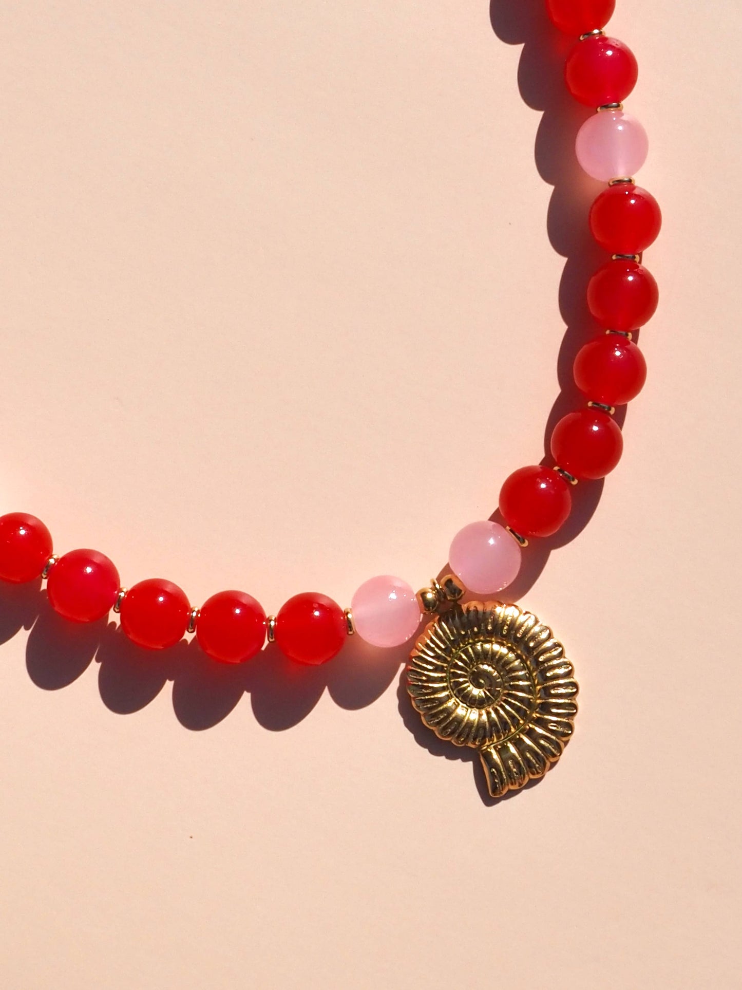 Spiral Shell Red & Pink Beaded Necklace : Silver / 16"