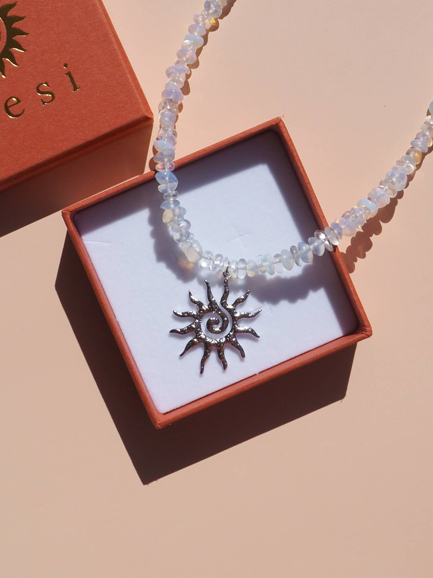 Spiral Sun Opalite Gemstone Necklace: (Silver) Stainless Steel